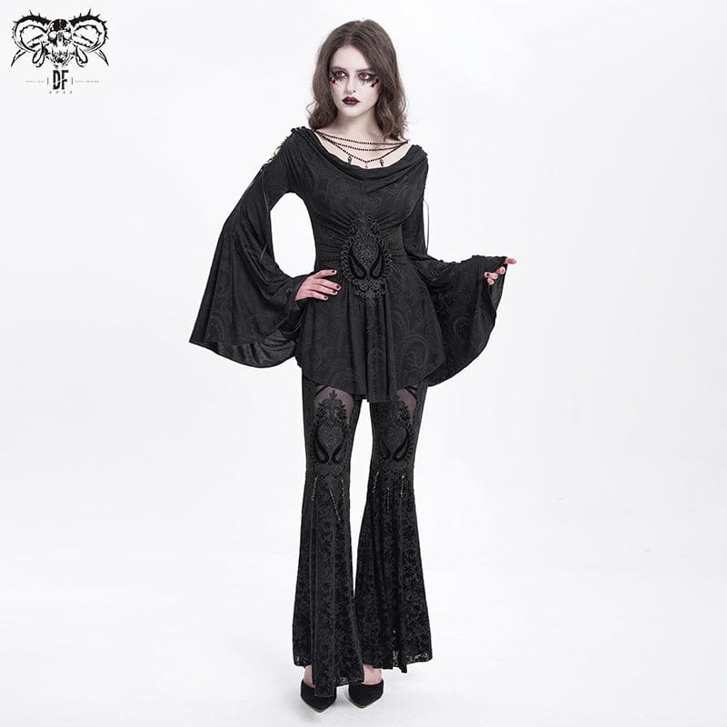 Women's Gothic Floral Embroidered Velvet Flared Pants - Image 6