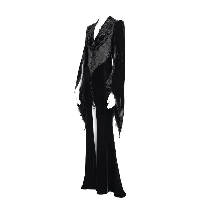 Women's Gothic Floral Embroidered Velvet Long Dress Wedding Dress Black - Image 9