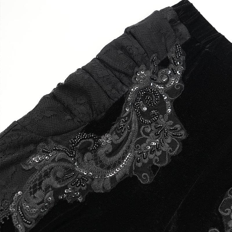 Women's Gothic Floral Embroidered Velvet Splice Lace Flared Leggings Black - Image 11