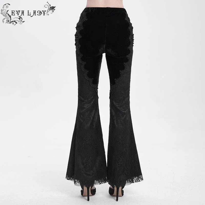 Women's Gothic Floral Embroidered Velvet Splice Lace Flared Leggings Black - Image 5