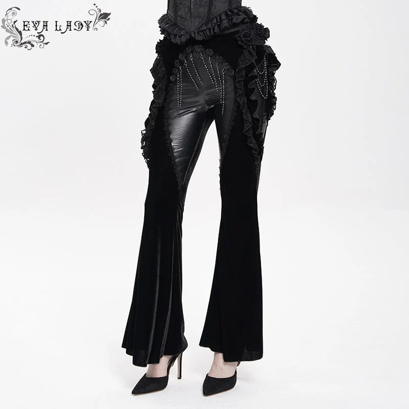 Women's Gothic Floral Faux Leather&Velvet Ruffle Pants Black - Image 2