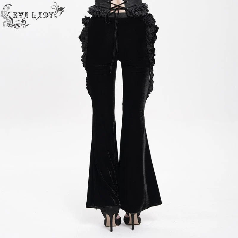 Women's Gothic Floral Faux Leather&Velvet Ruffle Pants Black - Image 3