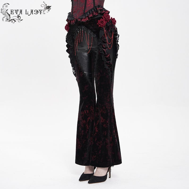 Women's Gothic Floral Faux Leather&Velvet Ruffle Pants Red - Image 3