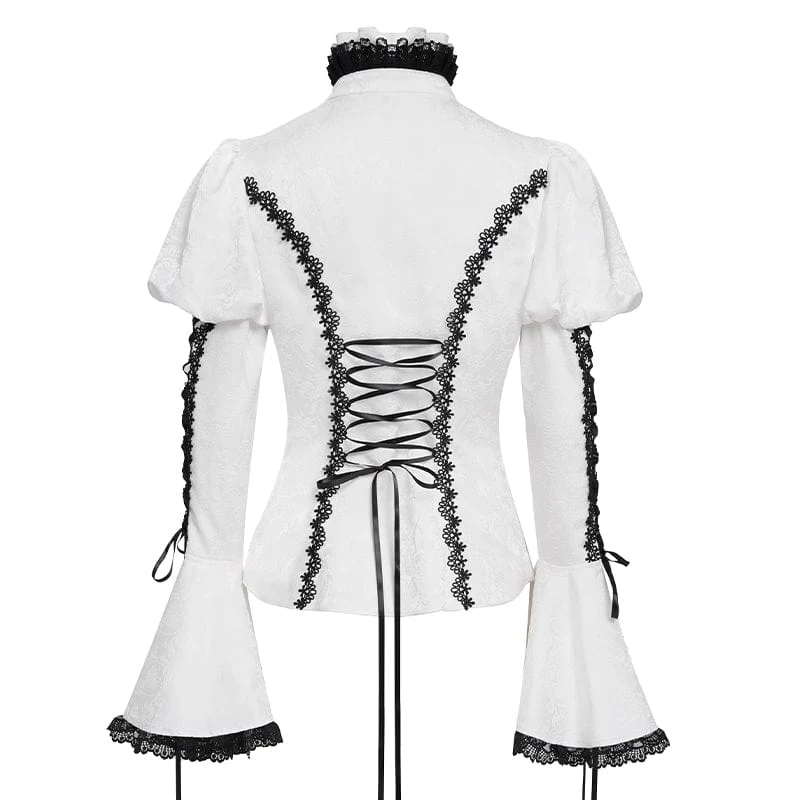Women's Gothic Floral Jacquard Lace-up Puff Sleeved Shirt White - Image 10