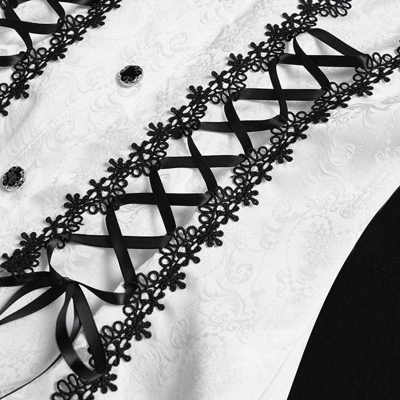 Women's Gothic Floral Jacquard Lace-up Puff Sleeved Shirt White - Image 12