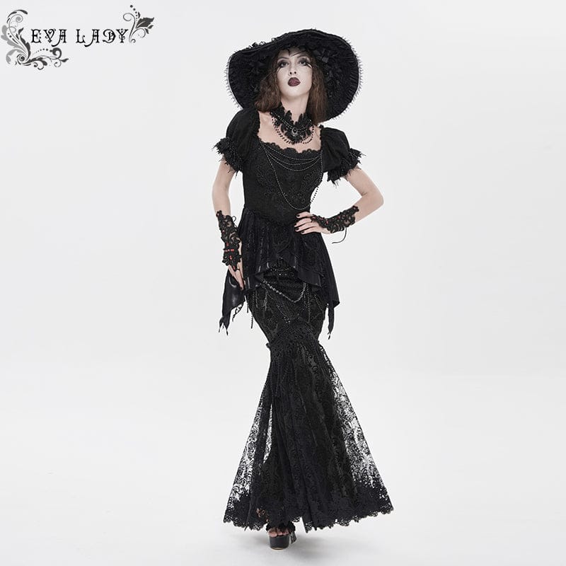 Women's Gothic Floral Lace Beaded Chained Long Skirt Black - Image 6