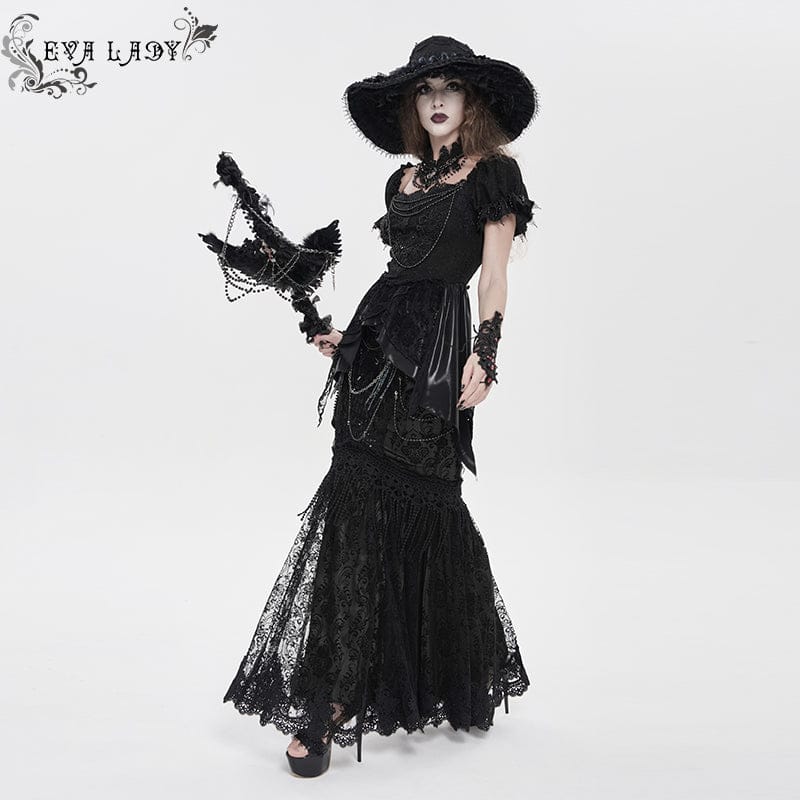 Women's Gothic Floral Lace Beaded Chained Long Skirt Black - Image 7