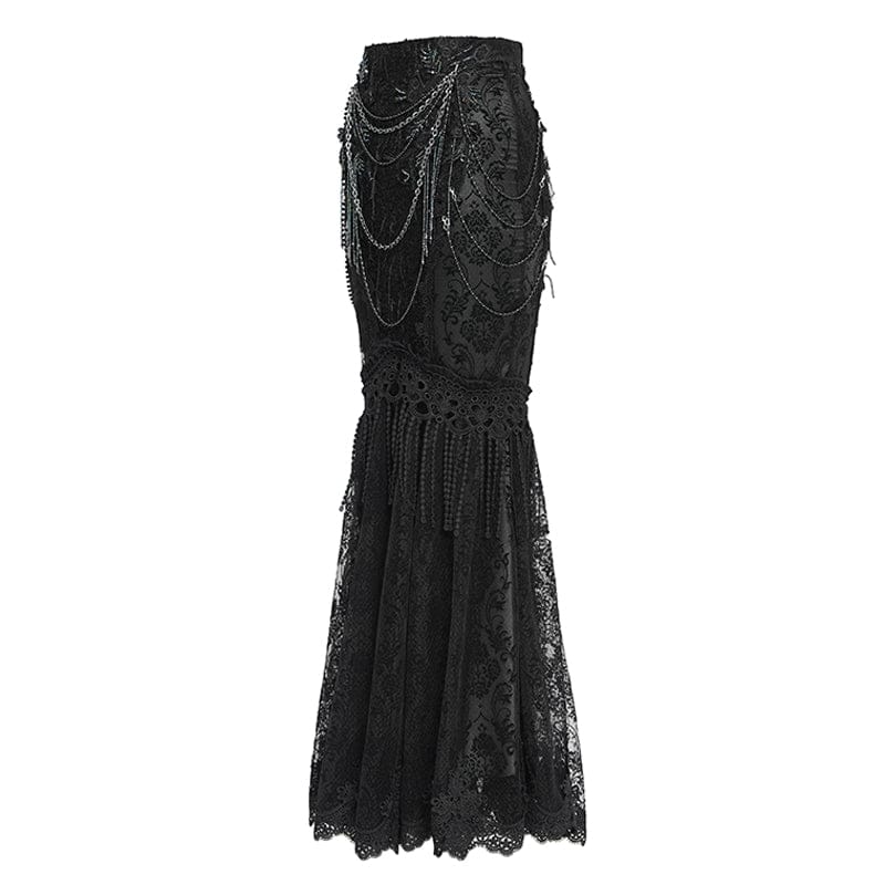 Women's Gothic Floral Lace Beaded Chained Long Skirt Black - Image 9