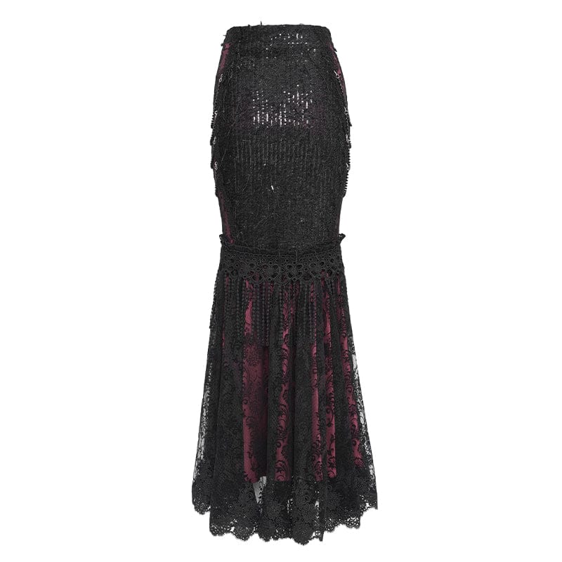 Women's Gothic Floral Lace Beaded Chained Long Skirt Black-Red - Image 11