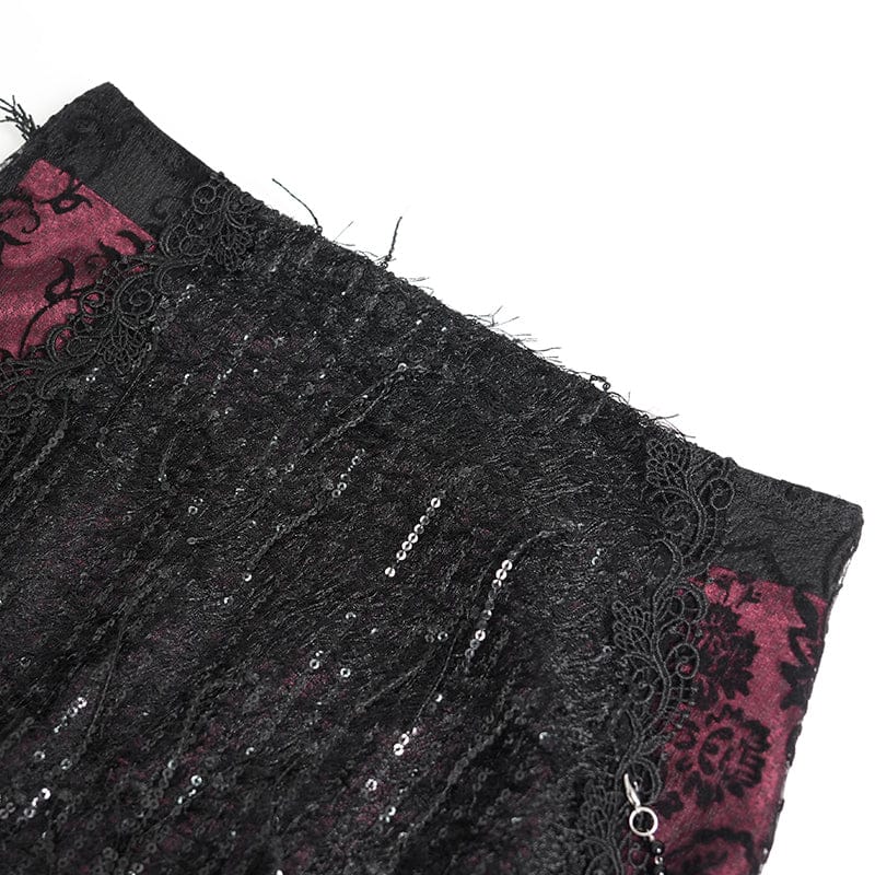 Women's Gothic Floral Lace Beaded Chained Long Skirt Black-Red - Image 13