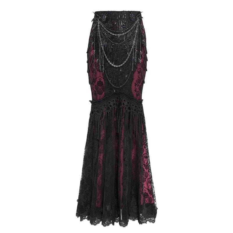 Women's Gothic Floral Lace Beaded Chained Long Skirt Black-Red - Image 9