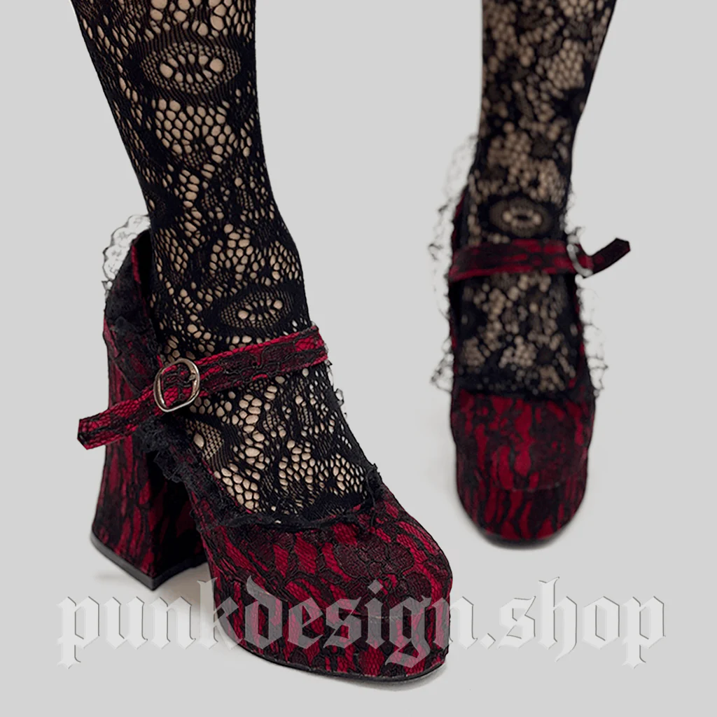 Women's Gothic Floral Lace Buckle Mary Jane Shoes - Image 3