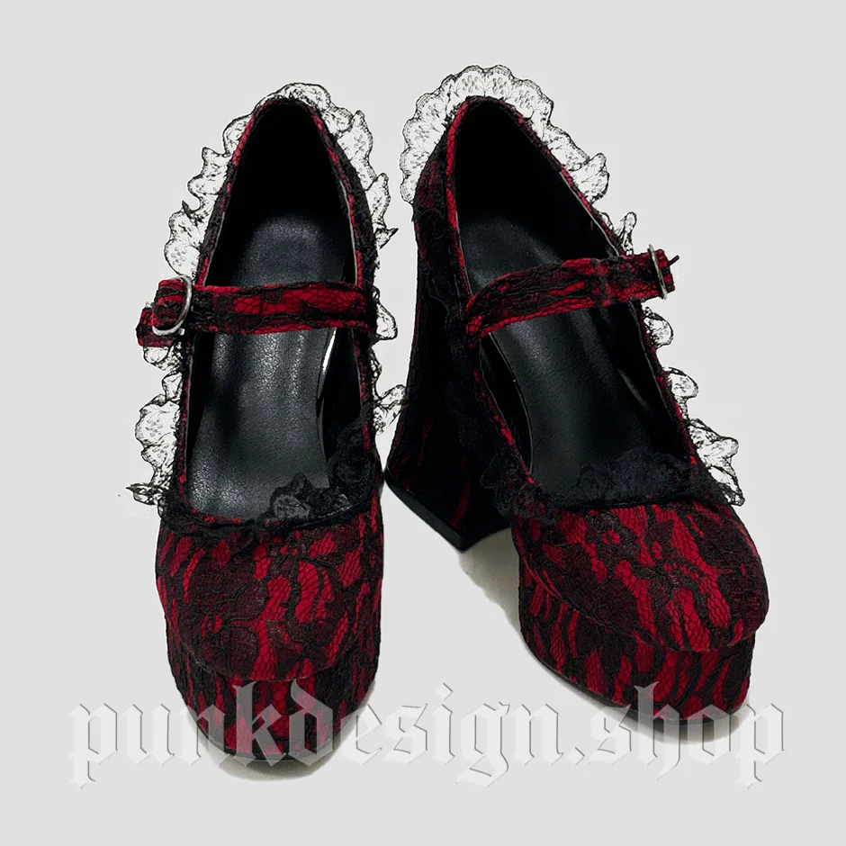 Women's Gothic Floral Lace Buckle Mary Jane Shoes - Image 5