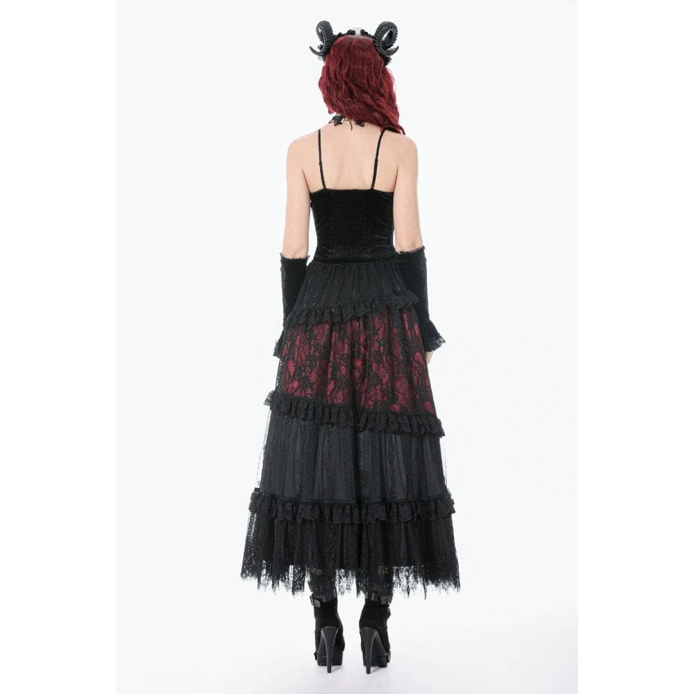 Women's Gothic Floral Lace Contrast Color Maxi Skirt - Image 11