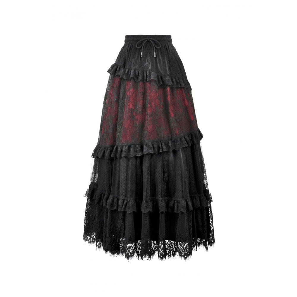 Women's Gothic Floral Lace Contrast Color Maxi Skirt - Image 12