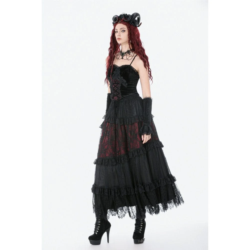 Women's Gothic Floral Lace Contrast Color Maxi Skirt - Image 8