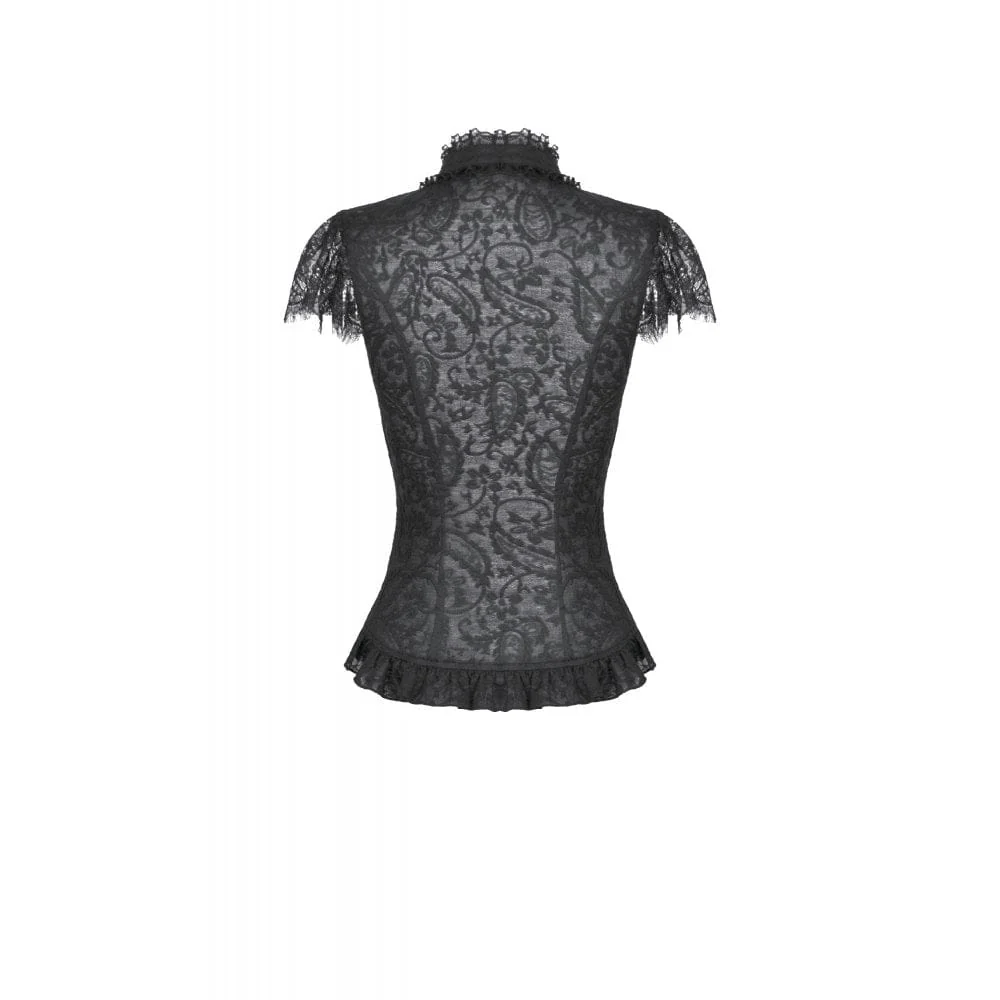 Women's Gothic Floral Lace Cutout High-Neck Short Sleeved Shirt - Image 11