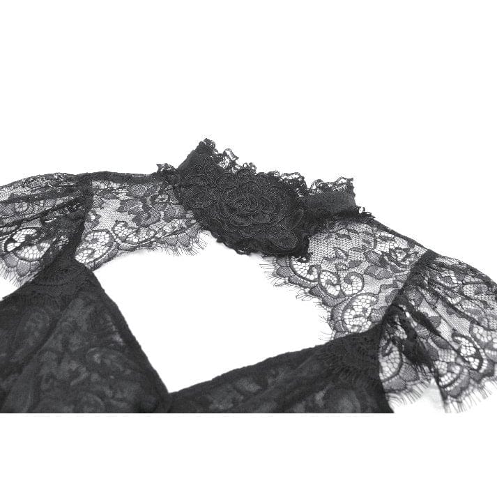 Women's Gothic Floral Lace Cutout High-Neck Short Sleeved Shirt - Image 12
