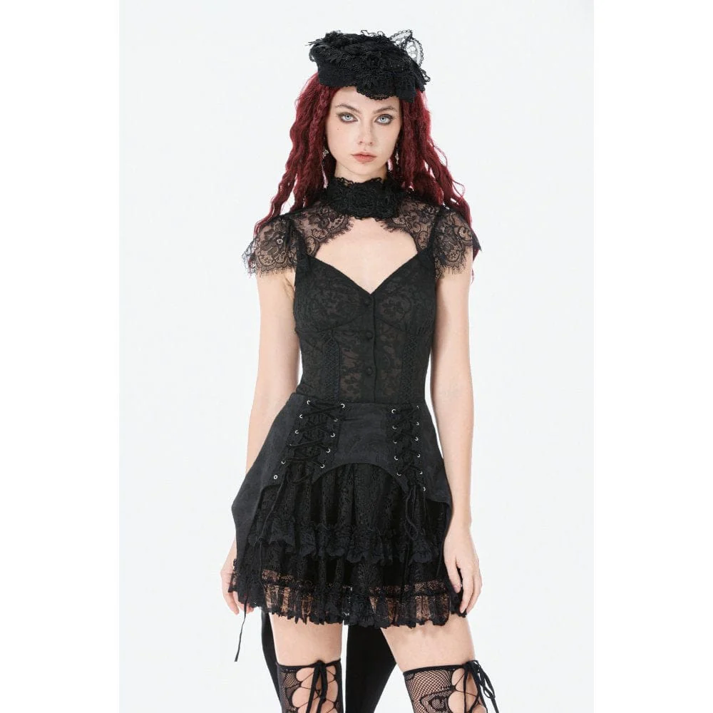 Women's Gothic Floral Lace Cutout High-Neck Short Sleeved Shirt - Image 2