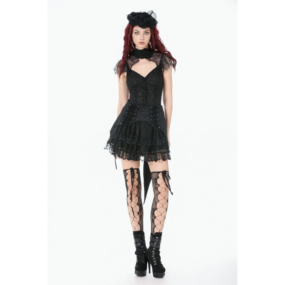 Women's Gothic Floral Lace Cutout High-Neck Short Sleeved Shirt - Image 6