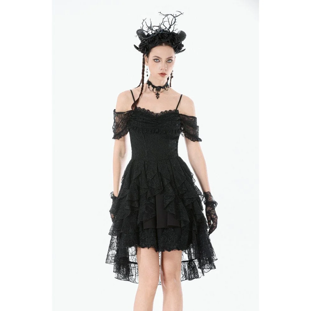 Women's Gothic Floral Lace High Low Off Shoulder Dress Graduation Dress - Image 3