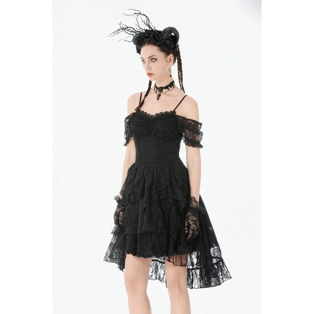 Women's Gothic Floral Lace High Low Off Shoulder Dress Graduation Dress - Image 4