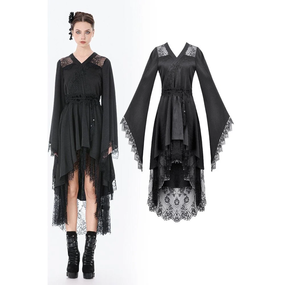 Women's Gothic Floral lace Sheer High Low Long Sleeved Dress