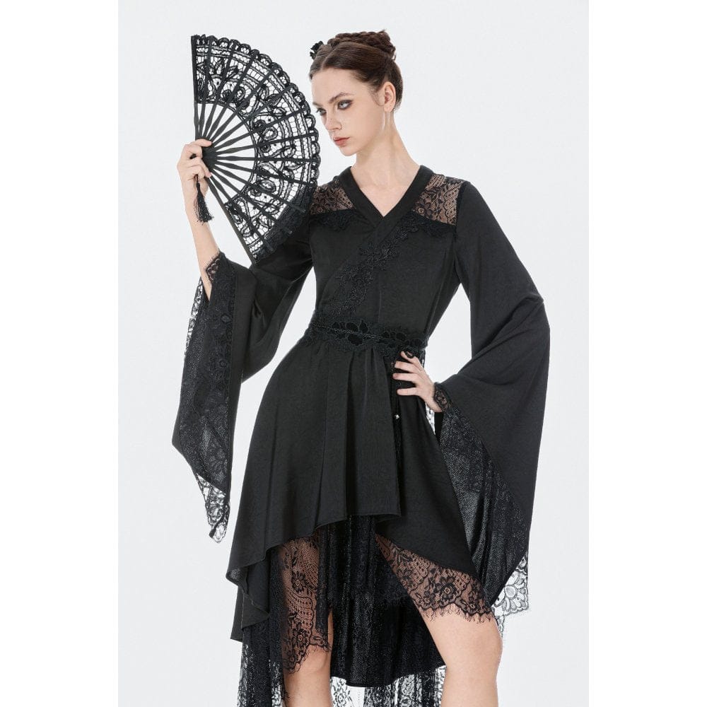 Women's Gothic Floral lace Sheer High Low Long Sleeved Dress - Image 2