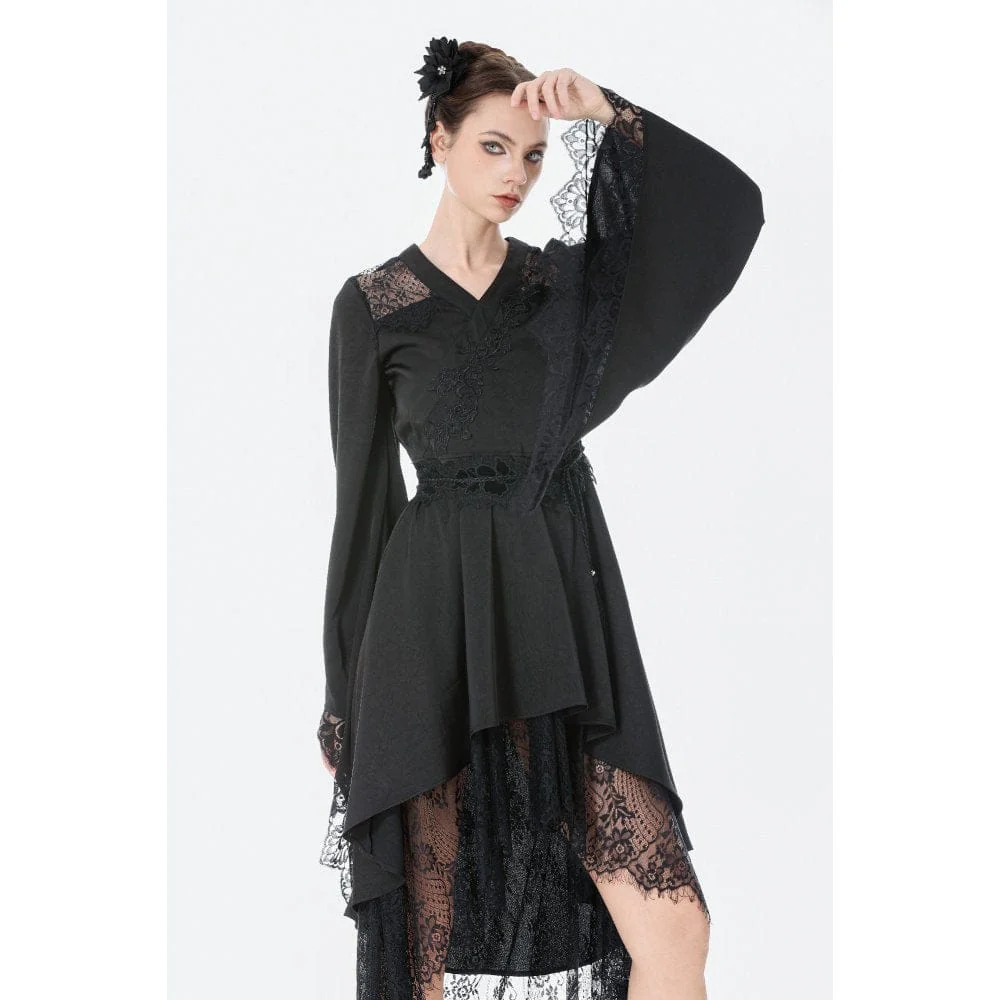 Women's Gothic Floral lace Sheer High Low Long Sleeved Dress - Image 3