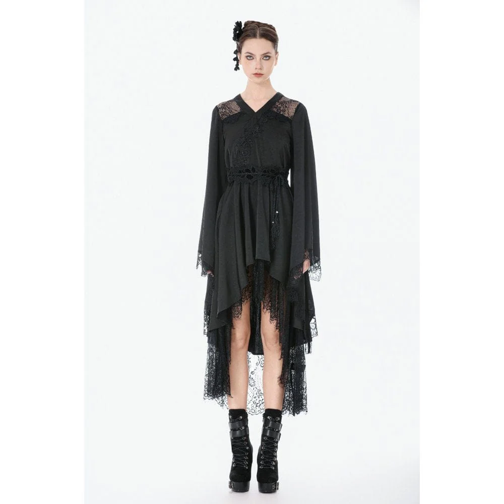 Women's Gothic Floral lace Sheer High Low Long Sleeved Dress - Image 4