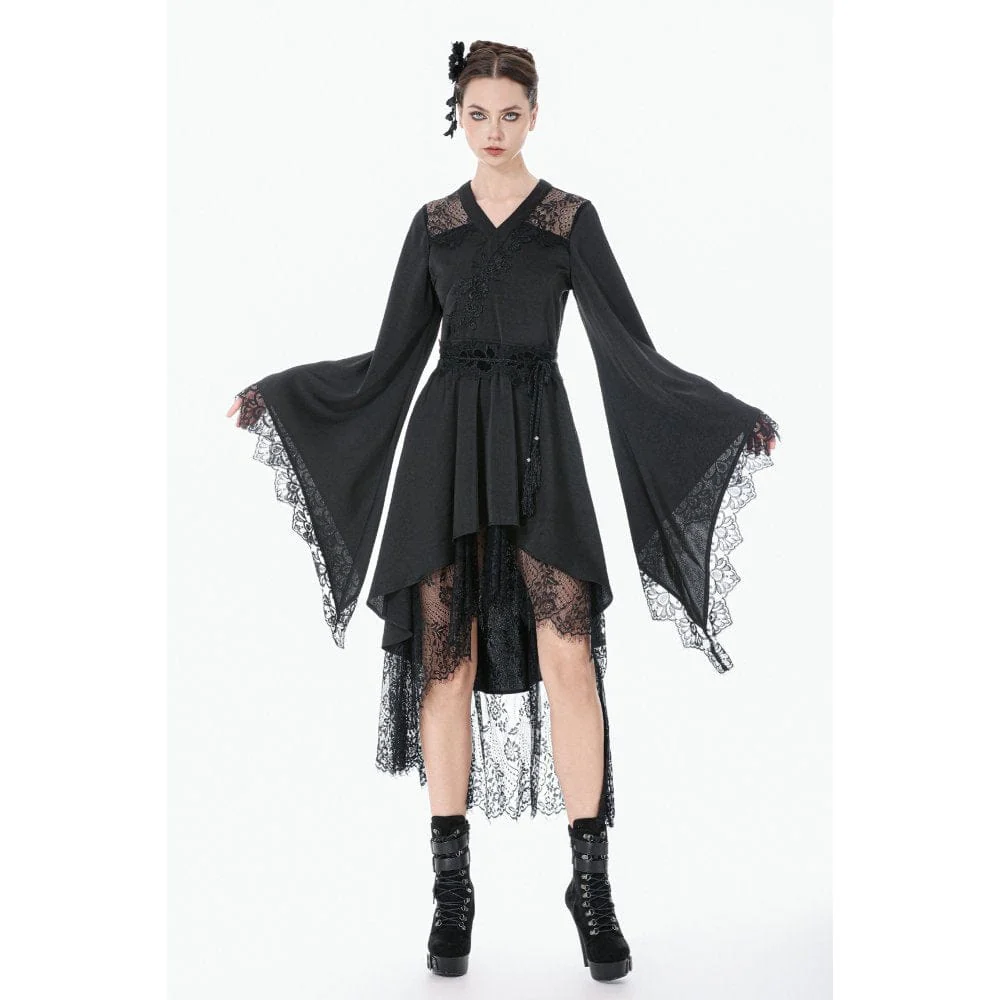 Women's Gothic Floral lace Sheer High Low Long Sleeved Dress - Image 5