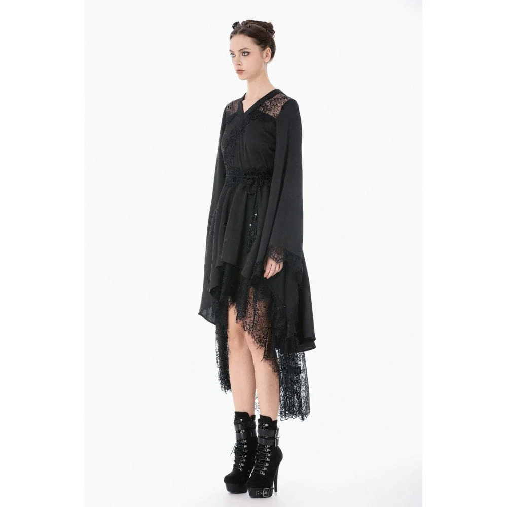 Women's Gothic Floral lace Sheer High Low Long Sleeved Dress - Image 6