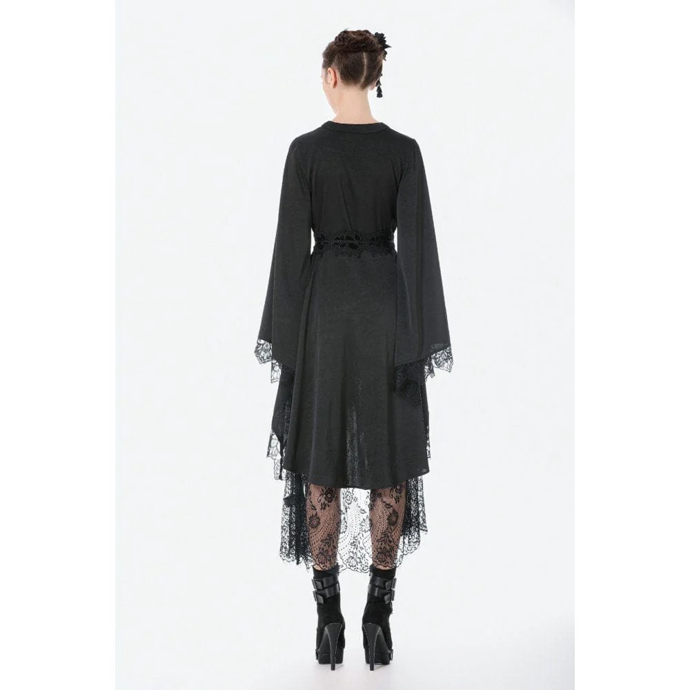 Women's Gothic Floral lace Sheer High Low Long Sleeved Dress - Image 7