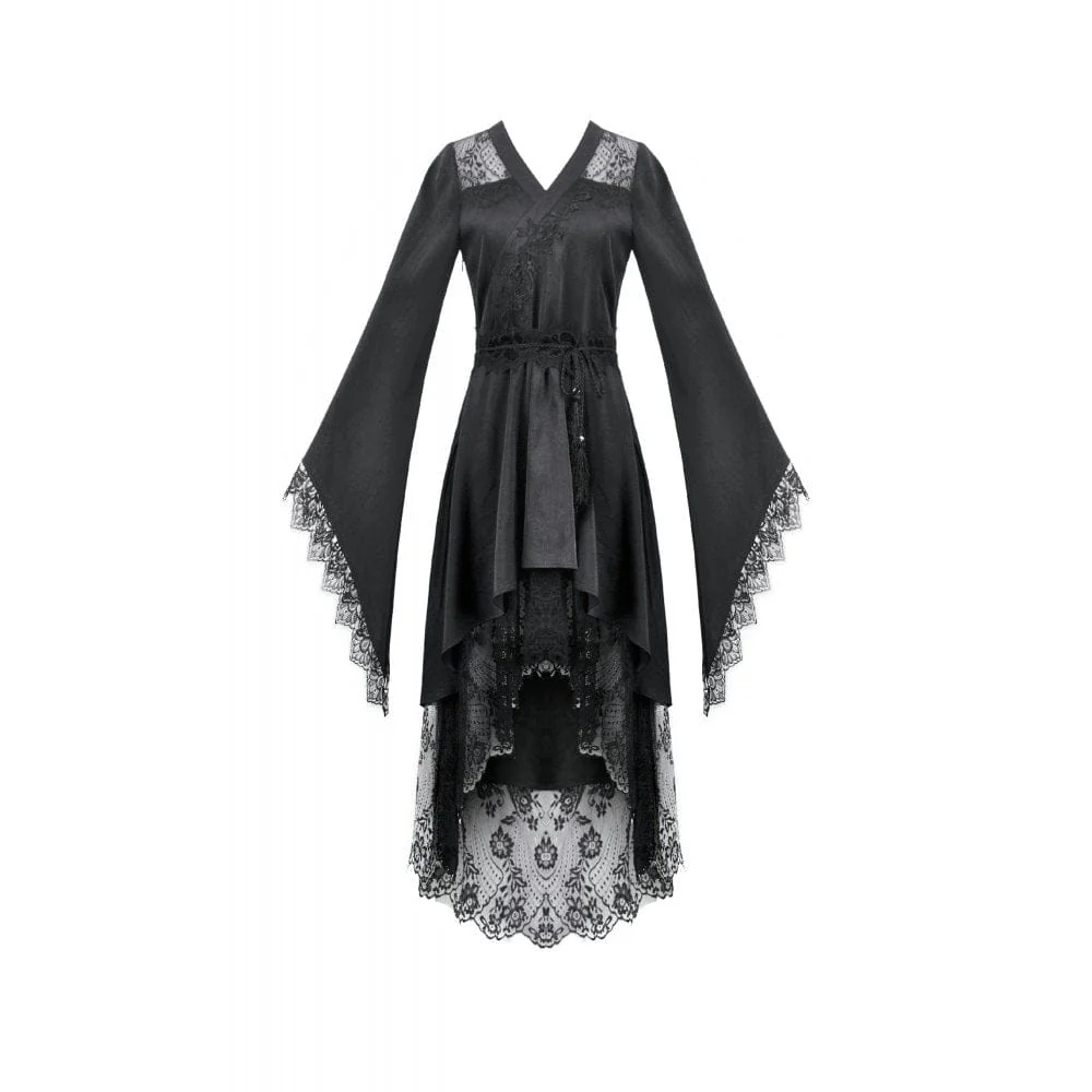 Women's Gothic Floral lace Sheer High Low Long Sleeved Dress - Image 8