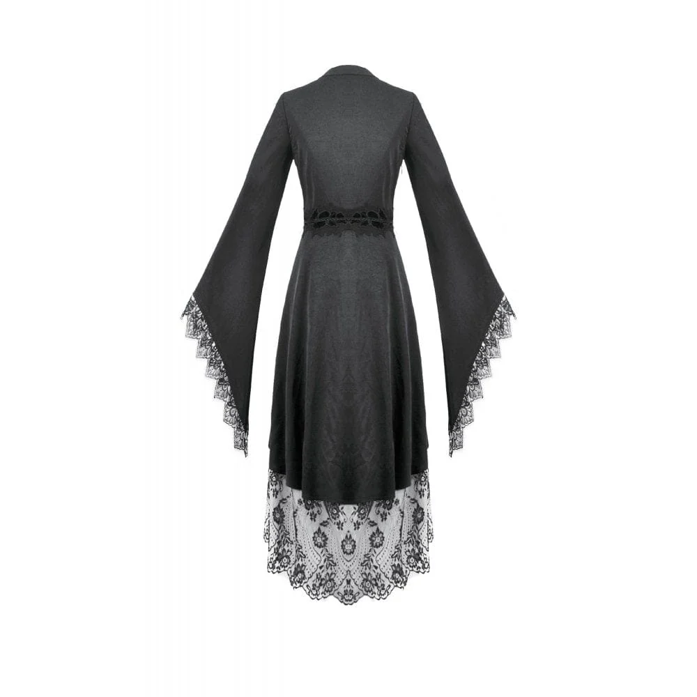 Women's Gothic Floral lace Sheer High Low Long Sleeved Dress - Image 9