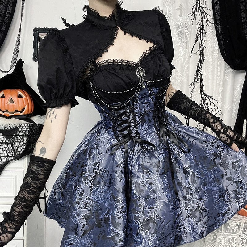 Women's Gothic Floral Lace Slip Dress Black Blue - Image 3