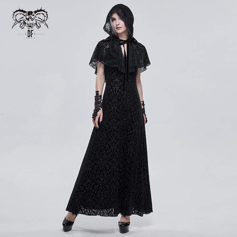 Women's Gothic Floral Mesh Cape with Hood - Image 4