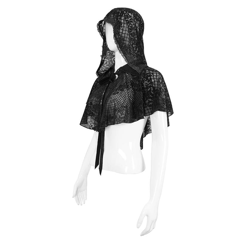 Women's Gothic Floral Mesh Cape with Hood - Image 7