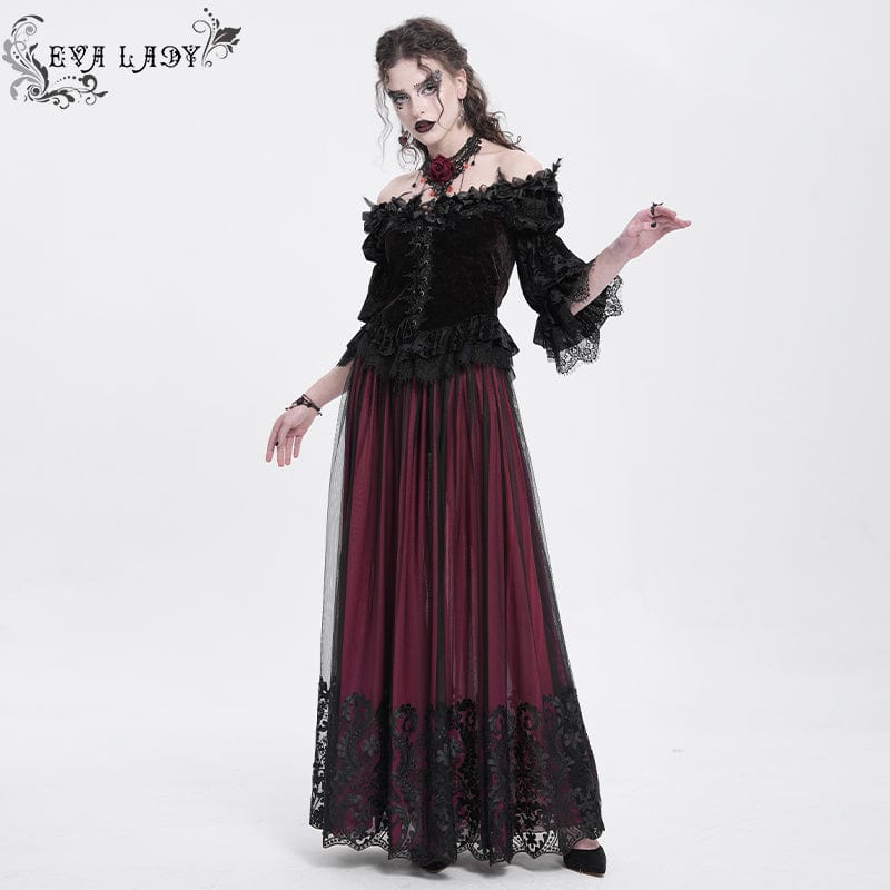 Women's Gothic Floral Mesh Splice Skirt Red - Image 5