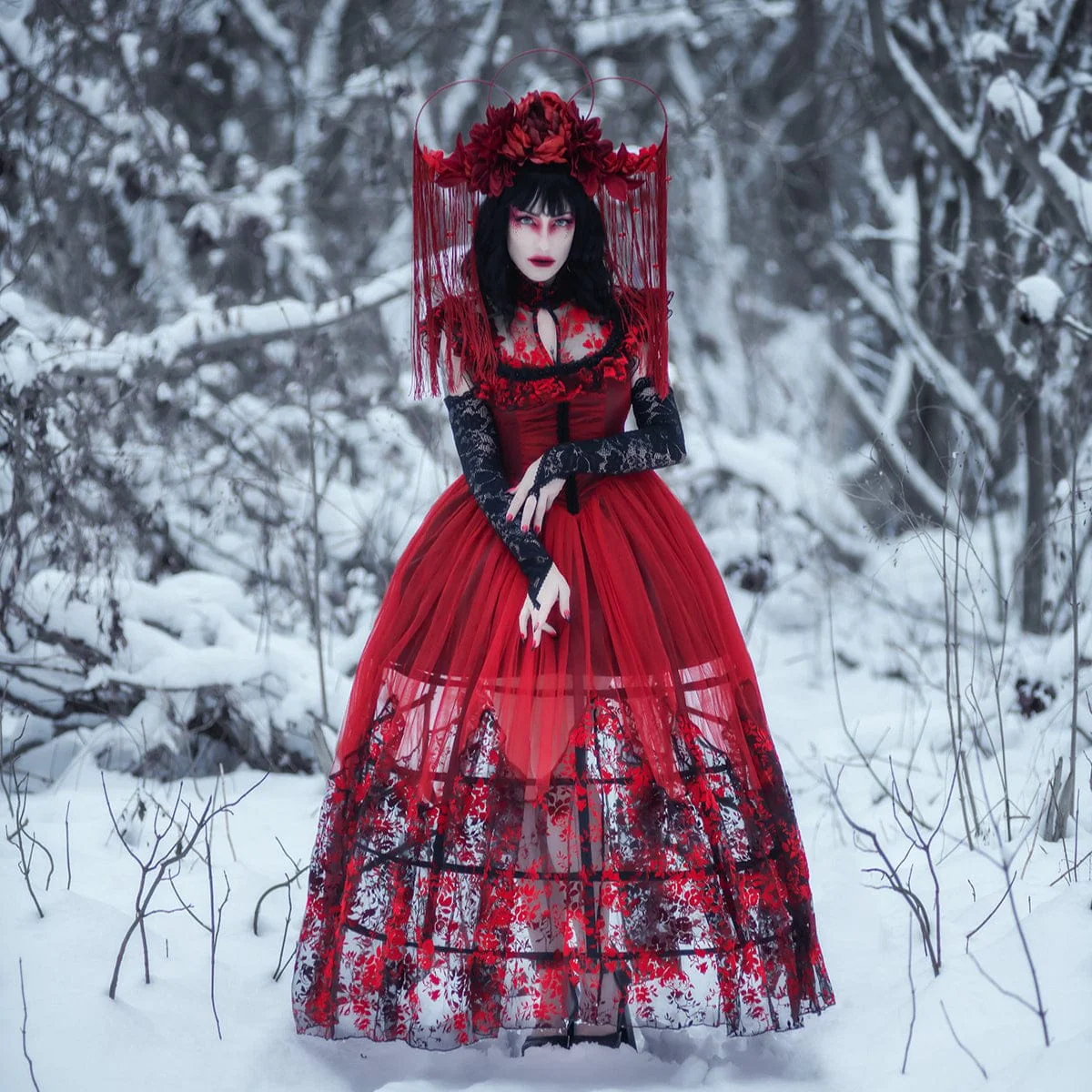 Women's Gothic Floral Printed Lace-up Prom Dress Wedding Dress - Image 2