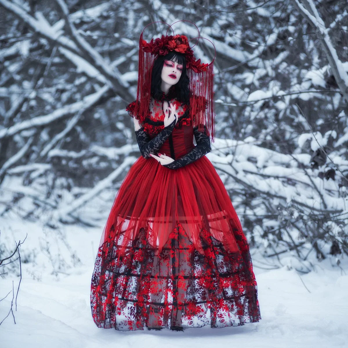 Women's Gothic Floral Printed Lace-up Prom Dress Wedding Dress - Image 3