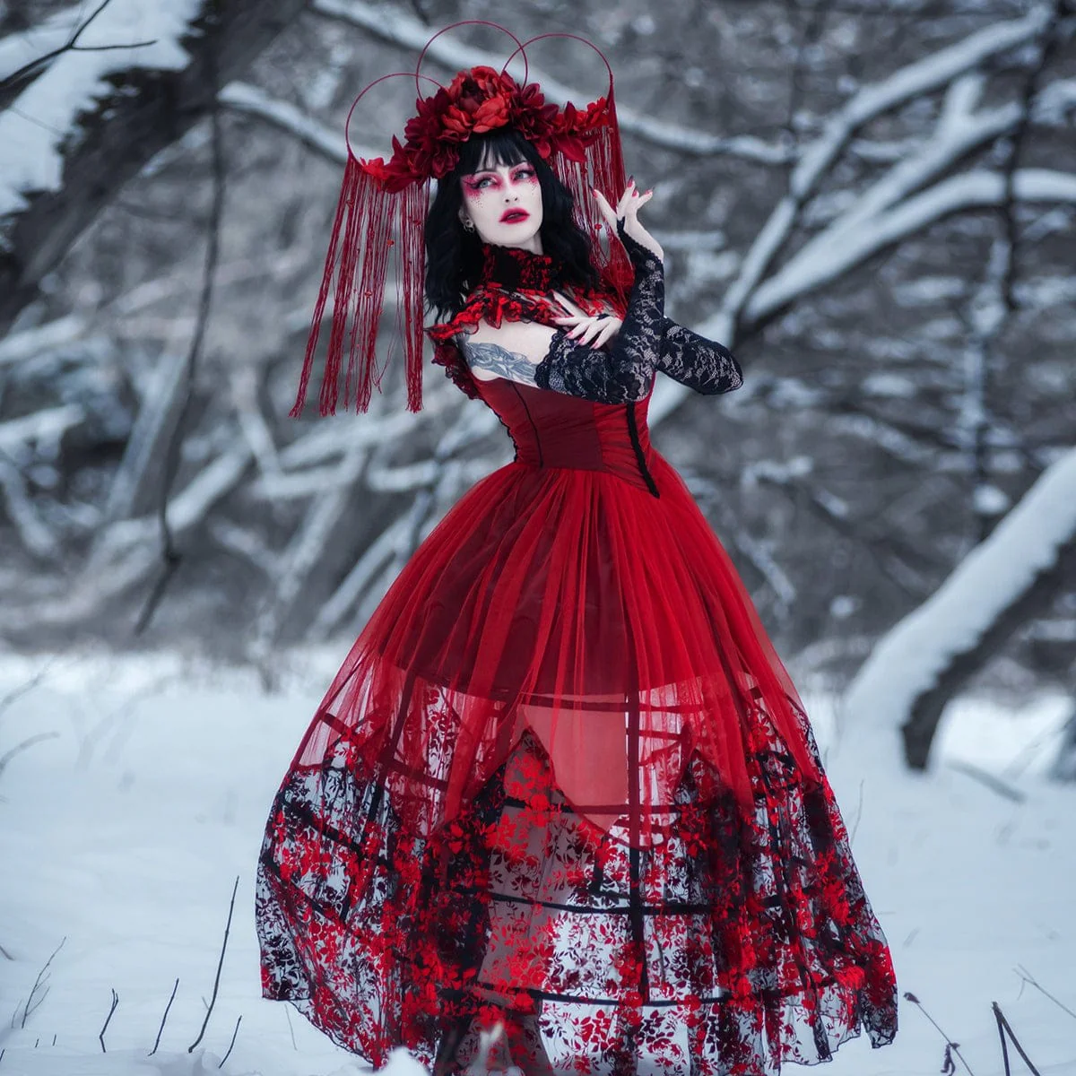 Women's Gothic Floral Printed Lace-up Prom Dress Wedding Dress - Image 4