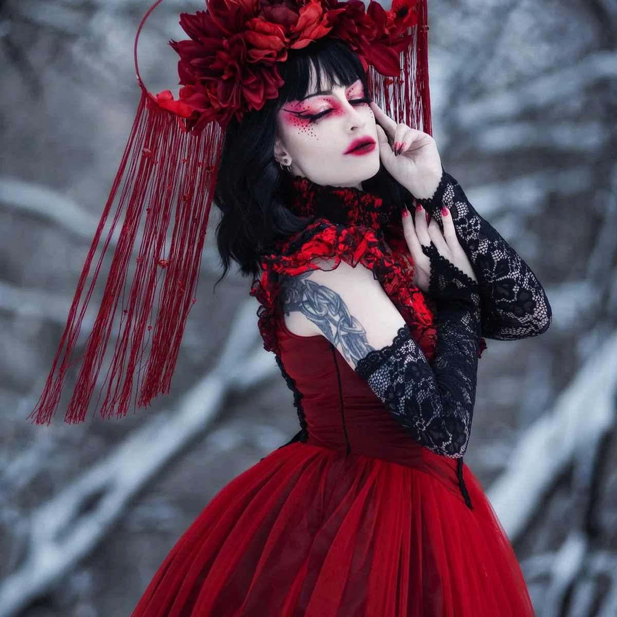 Women's Gothic Floral Printed Lace-up Prom Dress Wedding Dress - Image 7