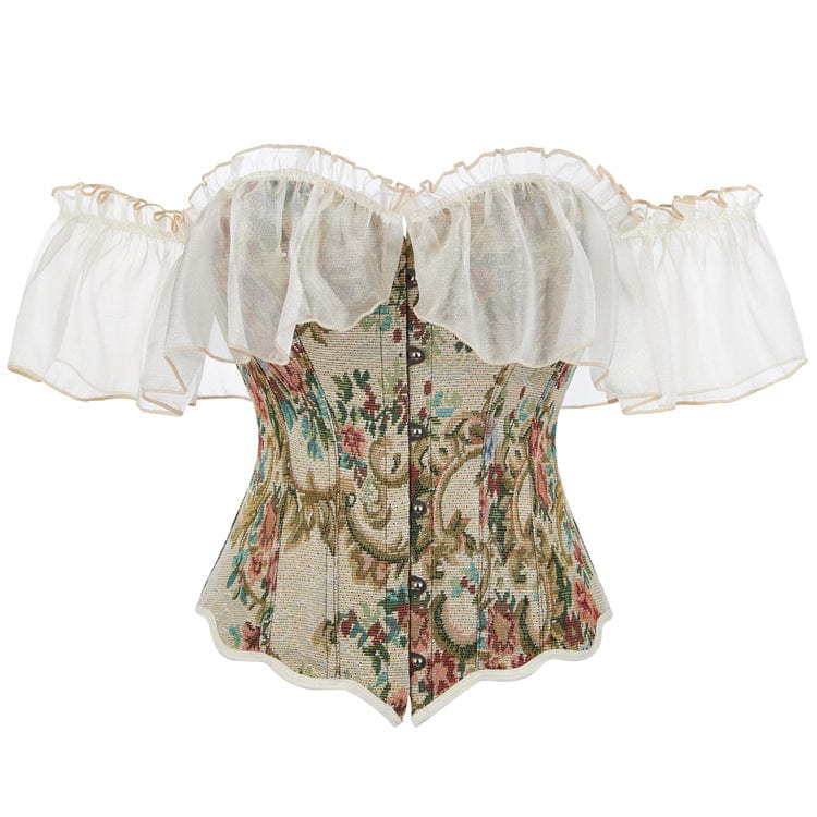 Women's Gothic Floral Printed Off Shoulder Lace Sleeved Overbust Corset