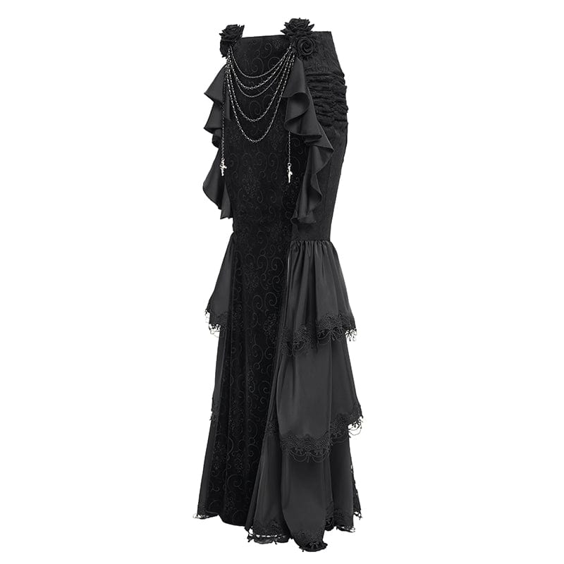 Women's Gothic Floral Printed Rose Chain Fishtail Skirt Black - Image 8