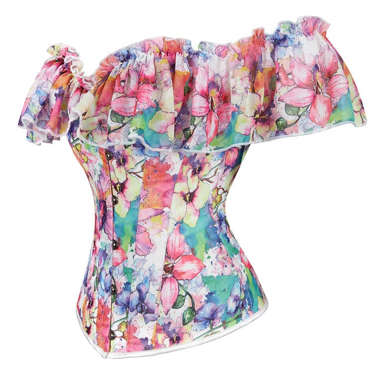 Women's Gothic Floral Printed Ruffled Overbust Corset - Image 2