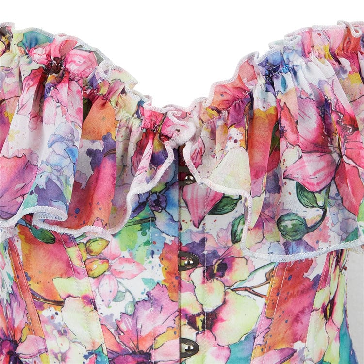Women's Gothic Floral Printed Ruffled Overbust Corset - Image 4