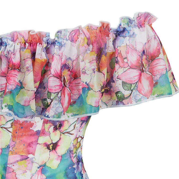 Women's Gothic Floral Printed Ruffled Overbust Corset - Image 5