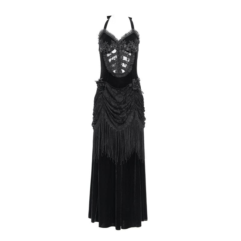 Women's Gothic Floral Ruched Lace-up Maxi Dress Wedding Dress Black - Image 7