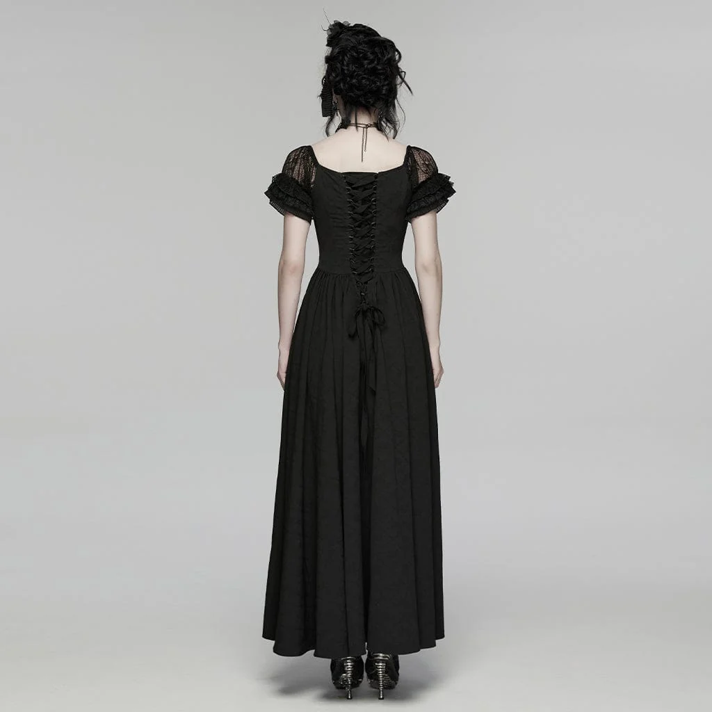 Women's Gothic Floral Ruffled Off Shoulder Maxi Dress Wedding Dress - Image 3